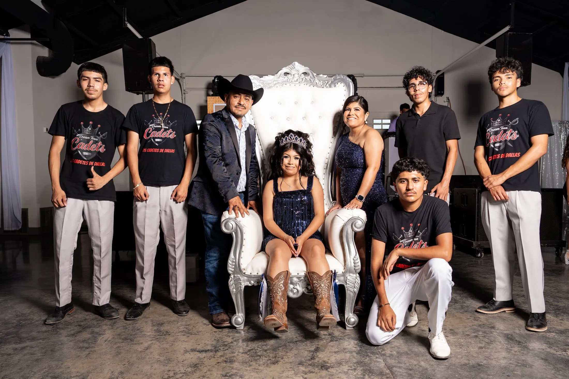 Quinceañera with her court of honor around the white throne