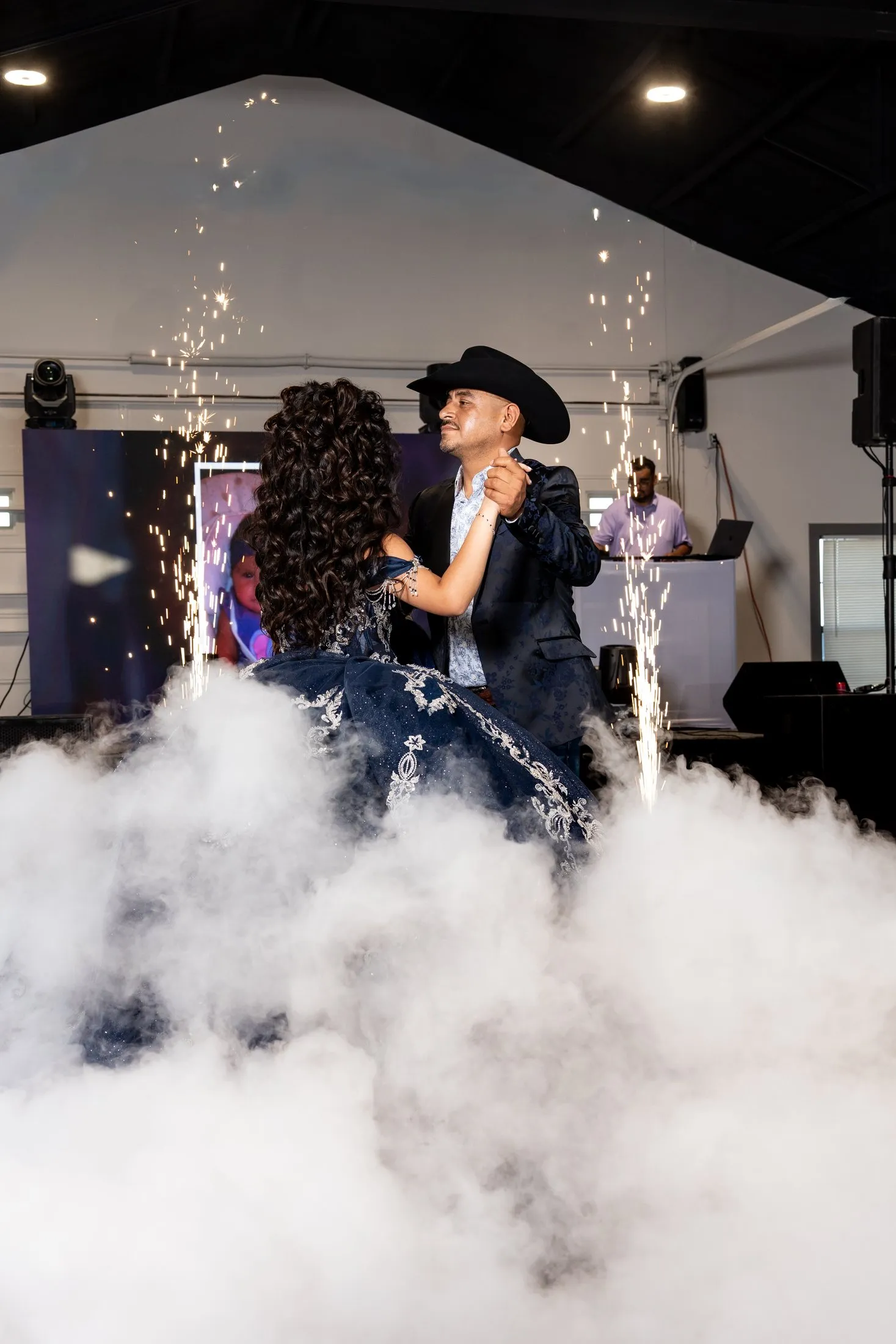 Waltz with cold sparks and dry-ice fog
