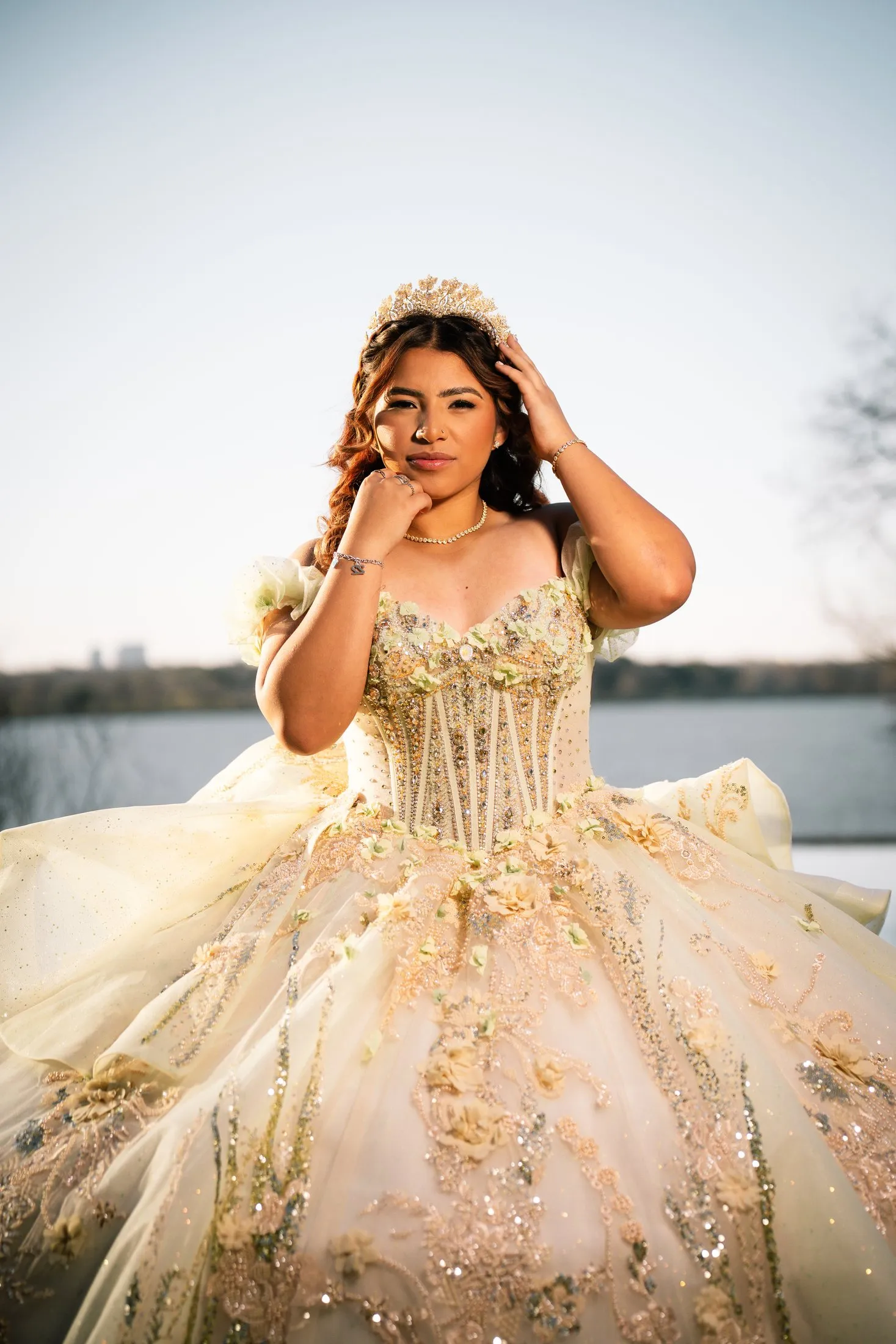 Sweet 16 portrait by White Rock Lake at the Dallas Arboretum, in a gold sequin corset gown